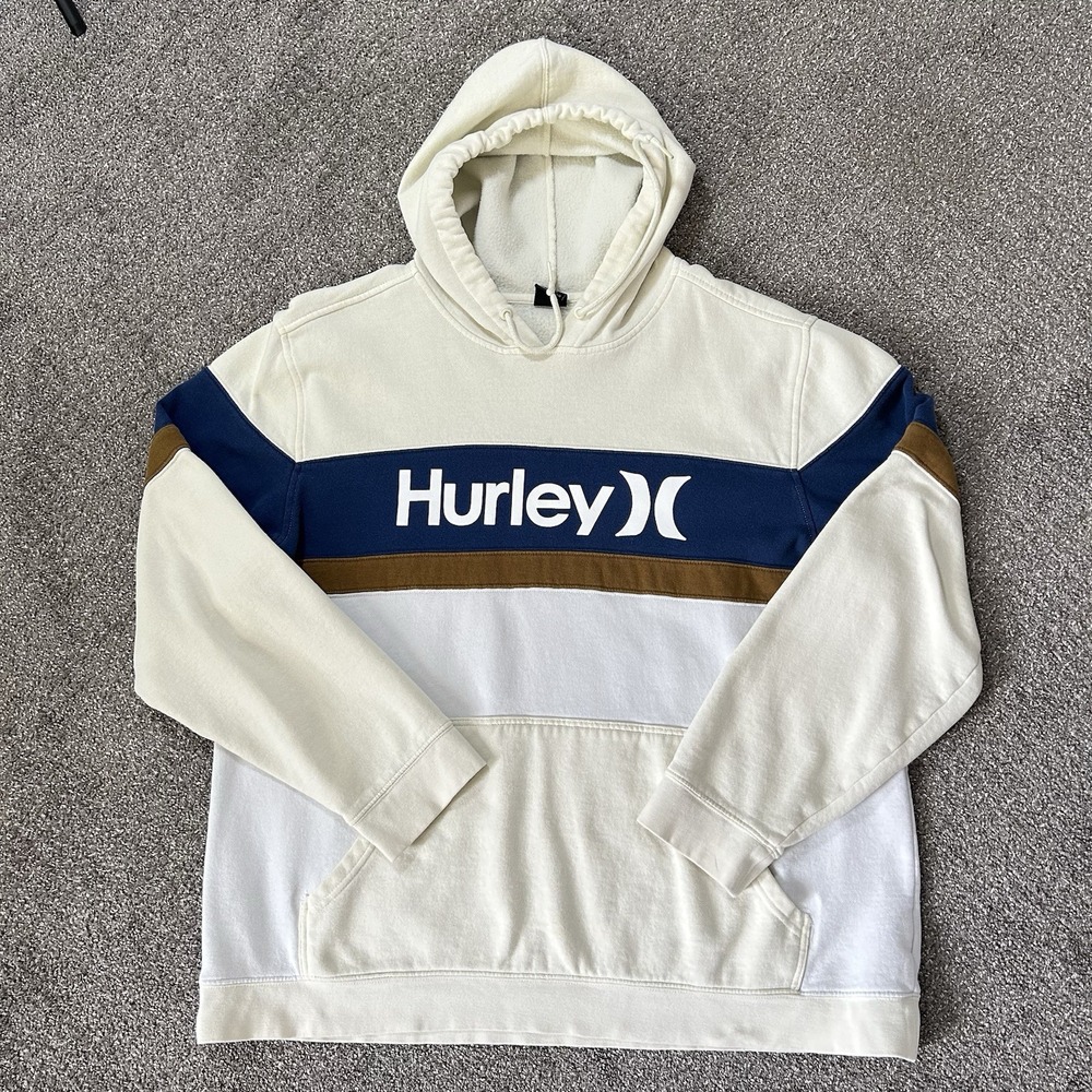 Hurley Colorblock Pullover Hoodie -Men's XL- Logo Sweatshirt Cream Navy Brown